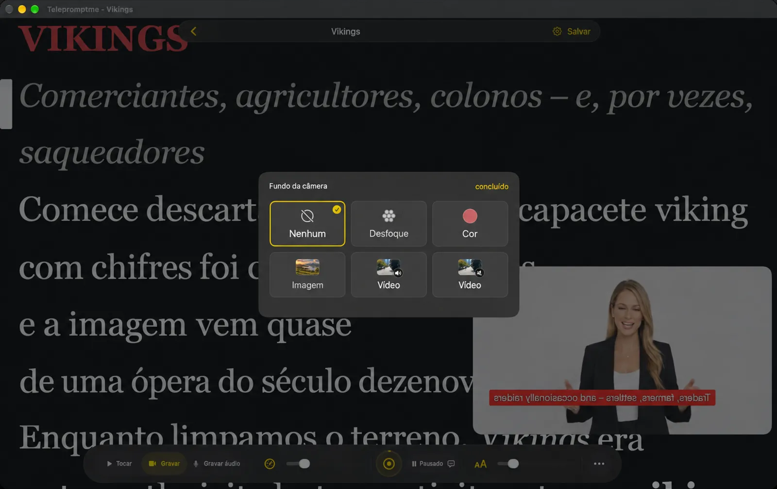 O seletor de fundo da câmera mostrando Nenhum, Desfoque, Cor, Imagem e dois quadrados de Vídeo sobre a visualização do próprio dispositivo