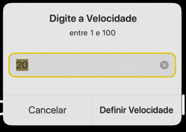 O diálogo "Entrar na velocidade" com uma leitura de dica entre 1 e 100 e um botão "Definir velocidade"