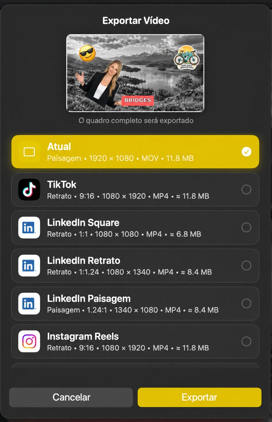 A planilha Exportar Vídeo lista de presets atuais mais TikTok, LinkedIn e Instagram Reels com suas proporções de tela e tamanhos de arquivo