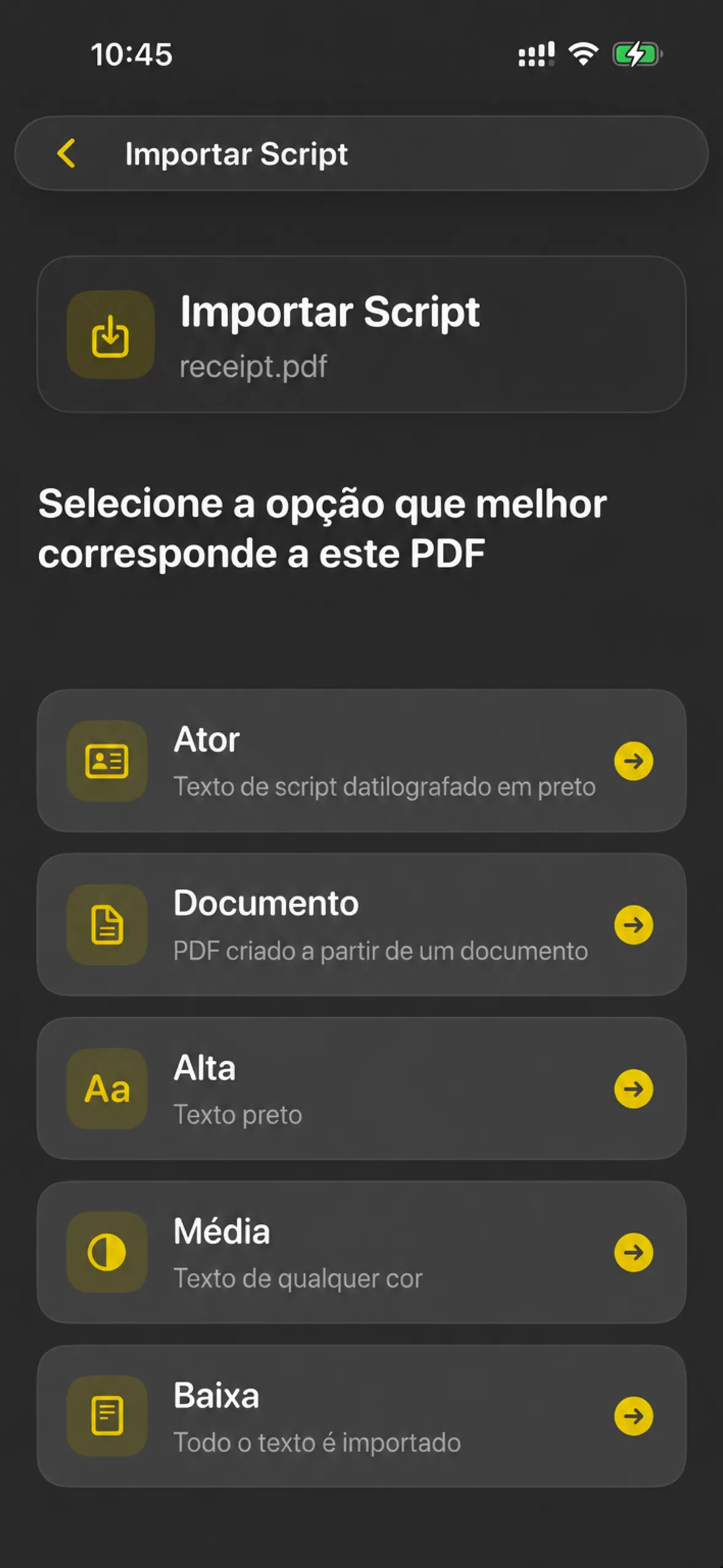 A tela de Script de Importação lista Ator, Documento, Alto, Médio e Baixo como formas de ler um PDF
