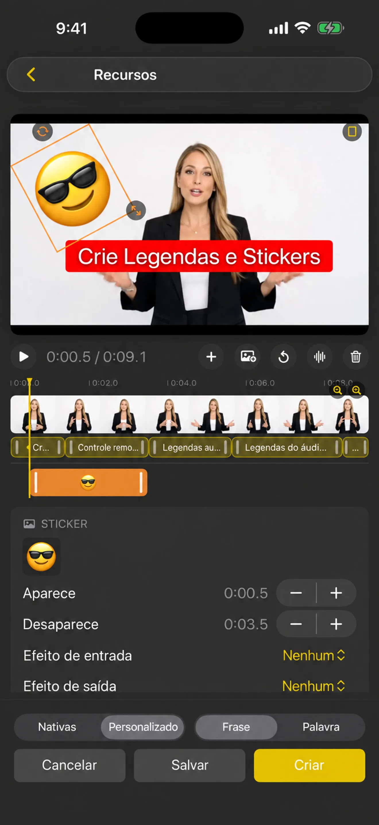 O editor de legendas e adesivos no iPhone com linha do tempo e tempos de aparecimento e desaparecimento