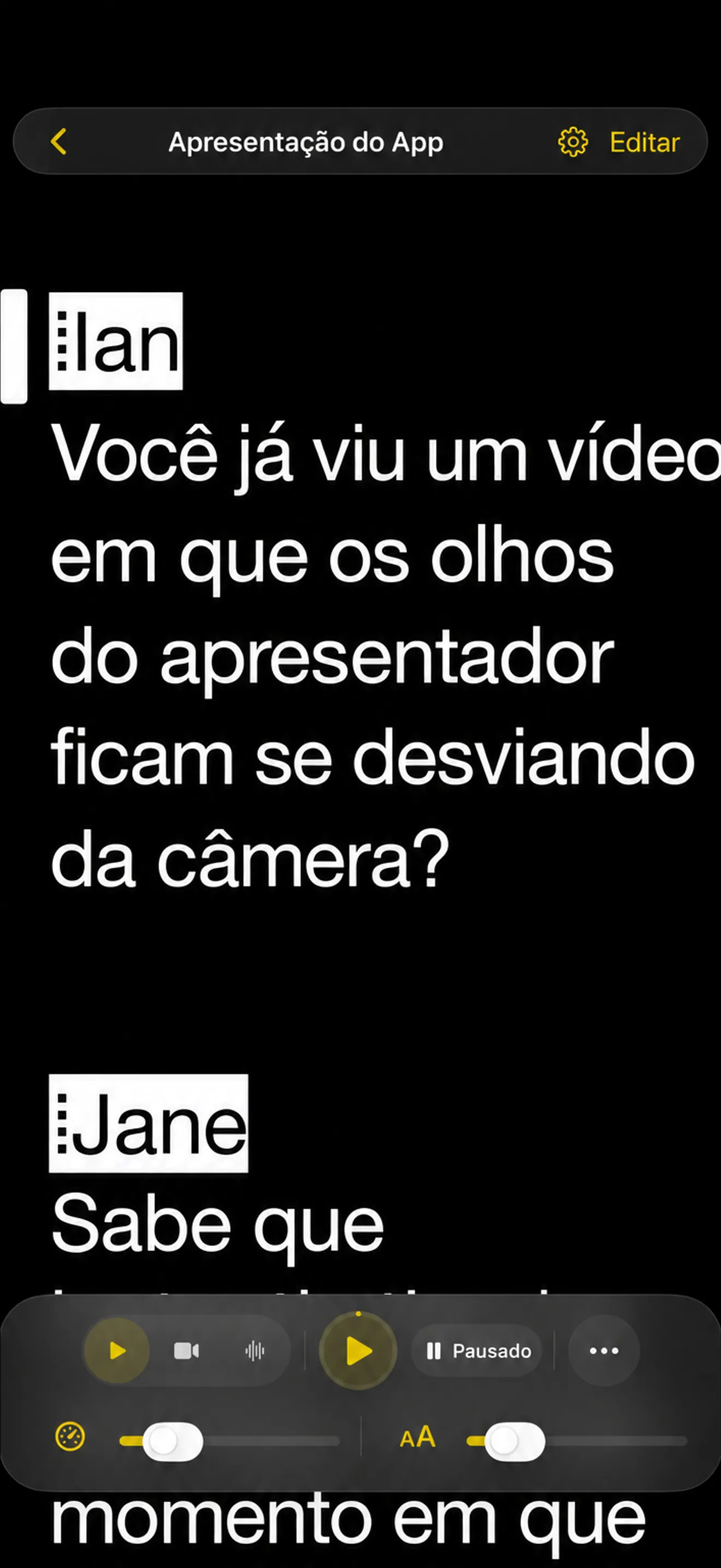 Telepromptme solicitando no iPhone, o script preenchendo a tela com a estação de transporte na parte inferior