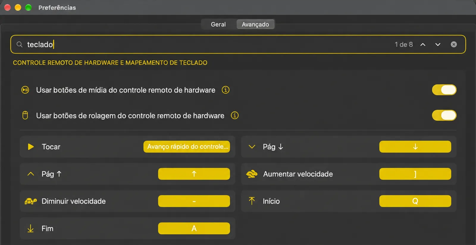 A tela de mapeamento do teclado com ações do teleprompter e as teclas atribuídas a elas