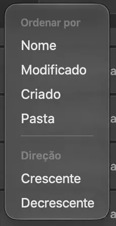 O menu de classificação abre, mostrando Classificar por com Nome, Modificado, Criado e Pasta, e Direção com Ascendente e Descendente