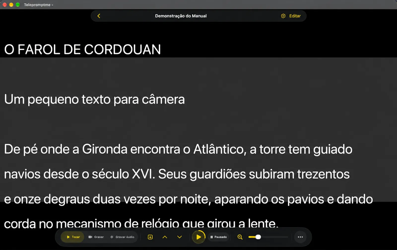 O teleprometor no modo Página Manual, com uma faixa cinza no meio da visualização e dois chifres na prateleira