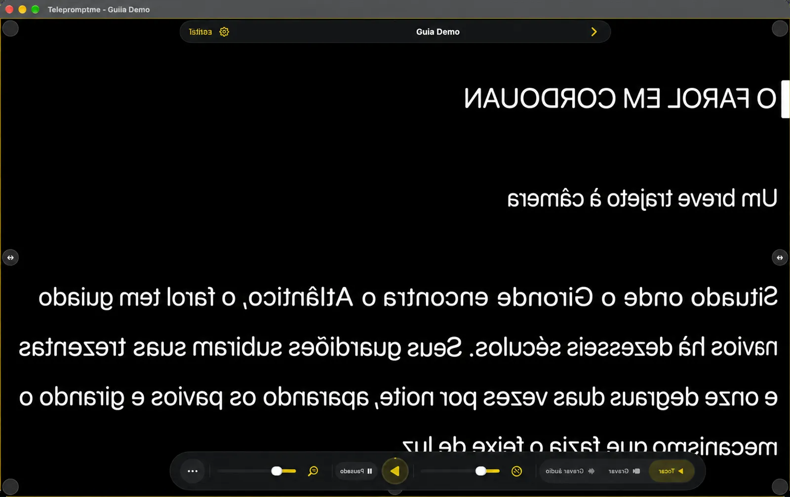O teleprometor com o texto espelhado de esquerda para direita, e a prateleira e a pastilha de navegação espelhadas com ele