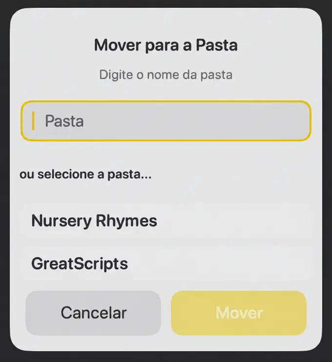 O diálogo Mover para pasta com um campo de nome da pasta e uma lista de pastas existentes