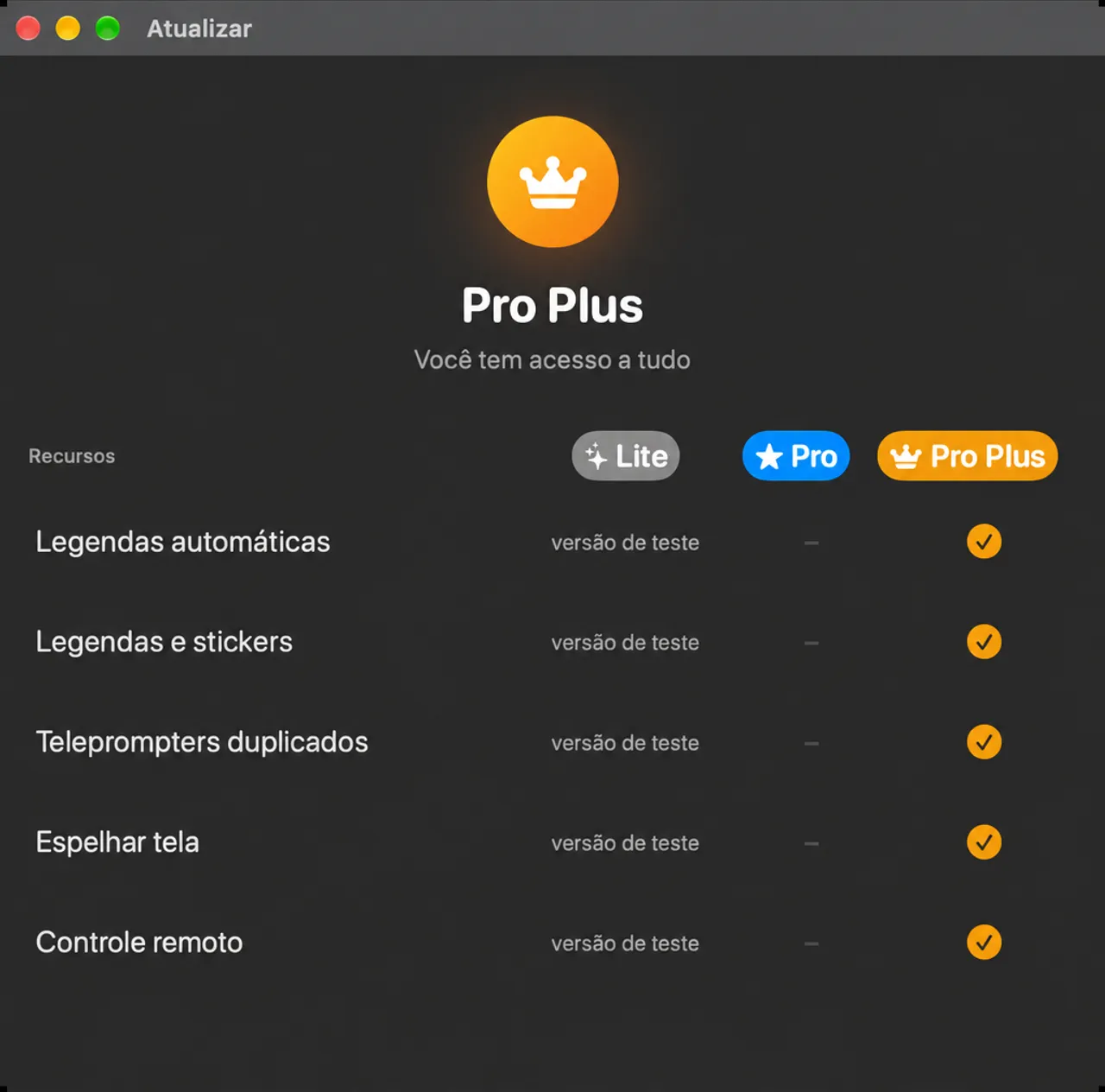 A janela de atualização comparando Lite, Pro e Pro Plus nas funcionalidades de produção