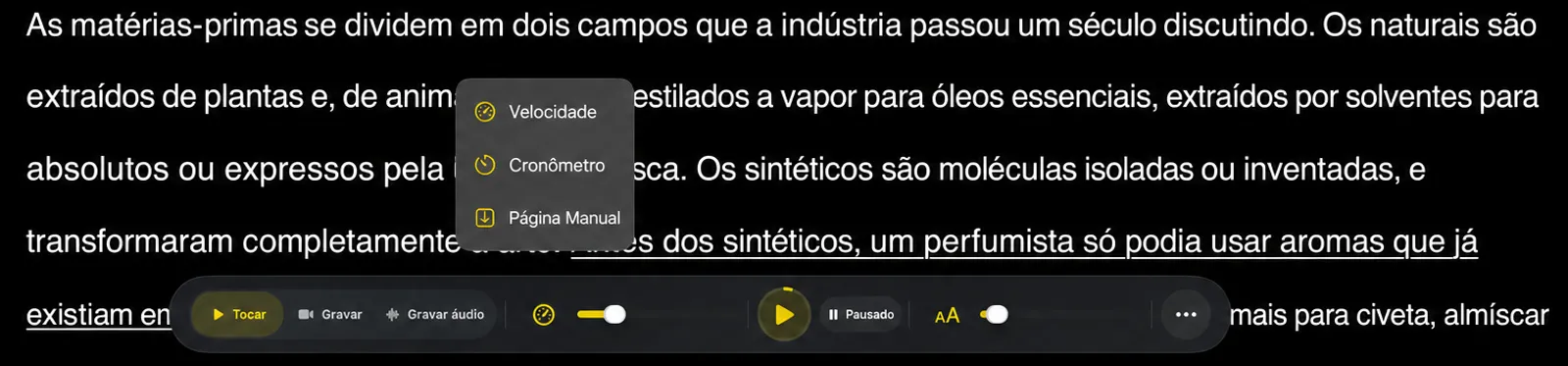 O seletor de modo de rolagem abre no teleprometor, listando Velocidade, Temporizador e Página Manual