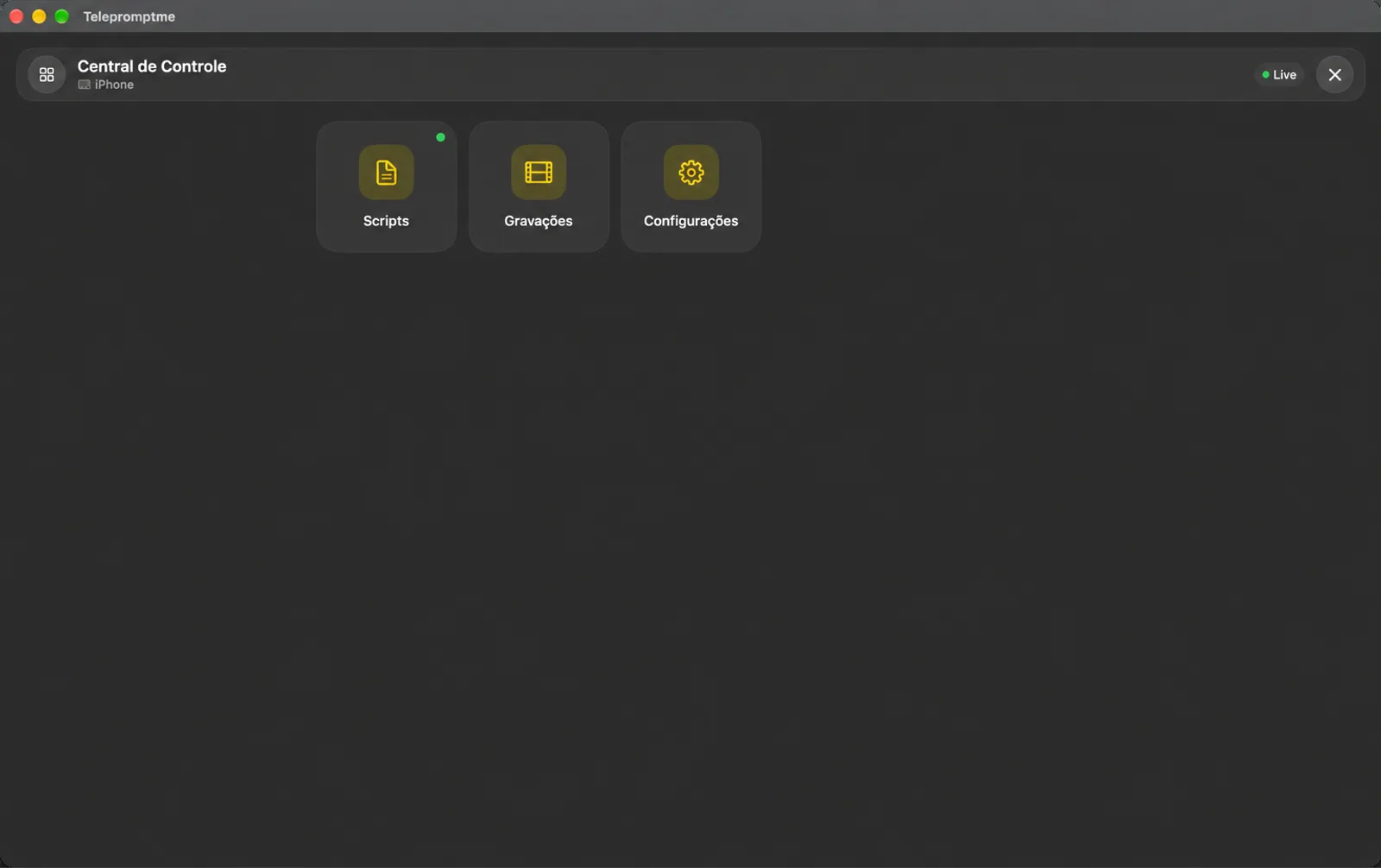 O Centro de Controle remoto com azulejos para Scripts, Gravações e Configurações