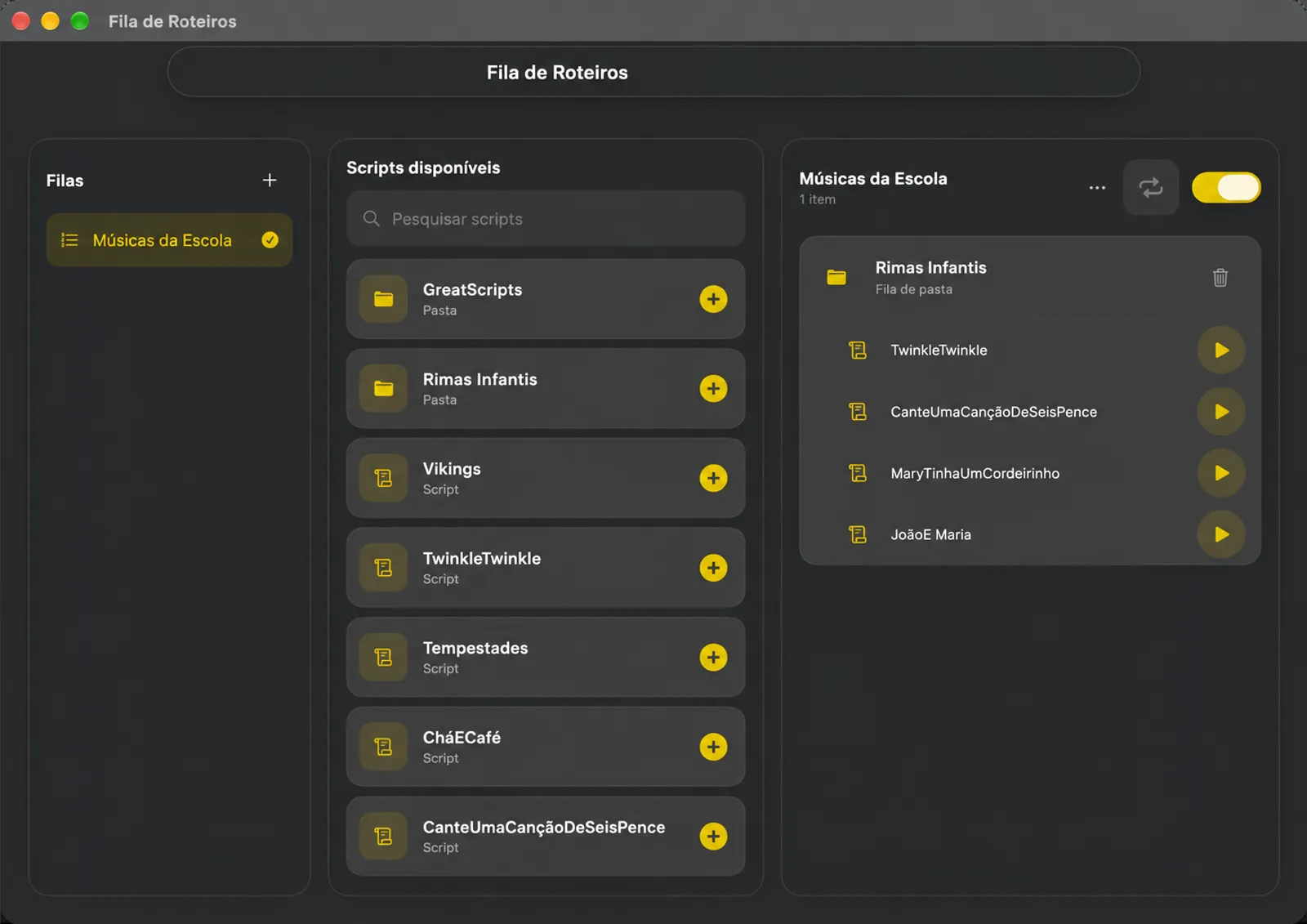 A janela da fila de scripts com a lista de filas, scripts disponíveis para adicionar e a ordem de execução