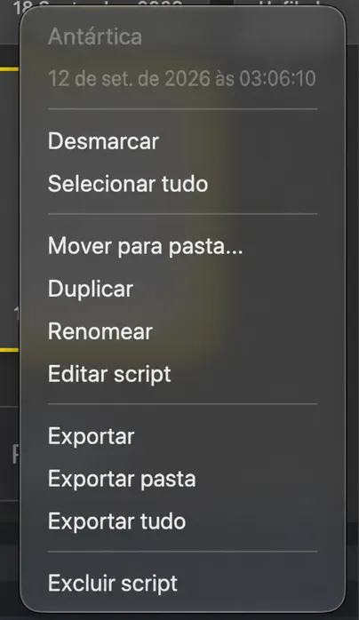 O menu com clique direito em uma aba de script mostrando Mover para pasta, Duplicar, Renomear, Editar script, Exportar e Excluir script