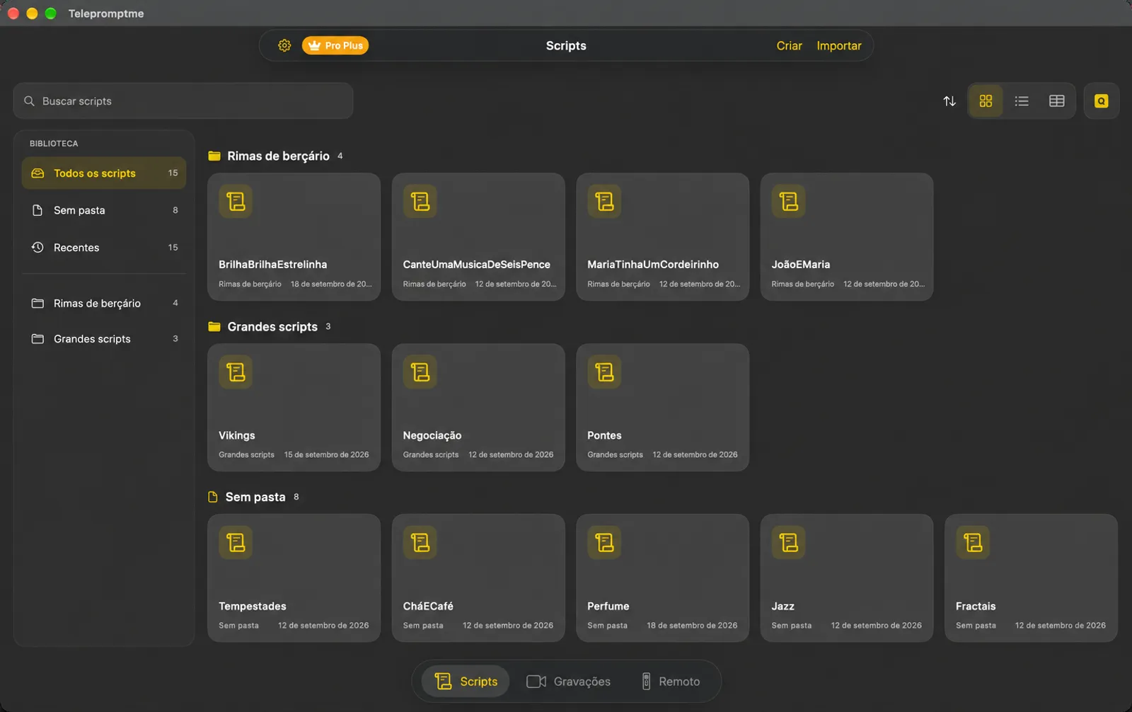 A biblioteca de scripts Telepromptme mostrando scripts como tijolos com uma barra lateral de pasta