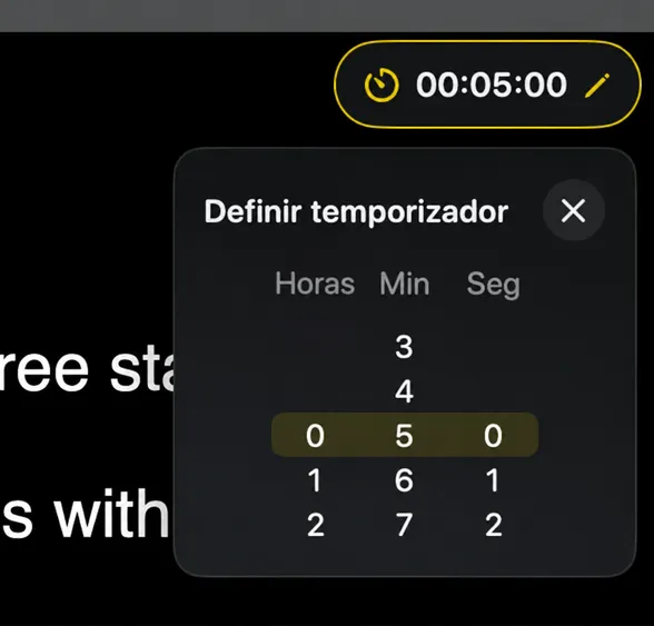 O seletor de Definir Cronômetro com colunas para horas, minutos e segundos