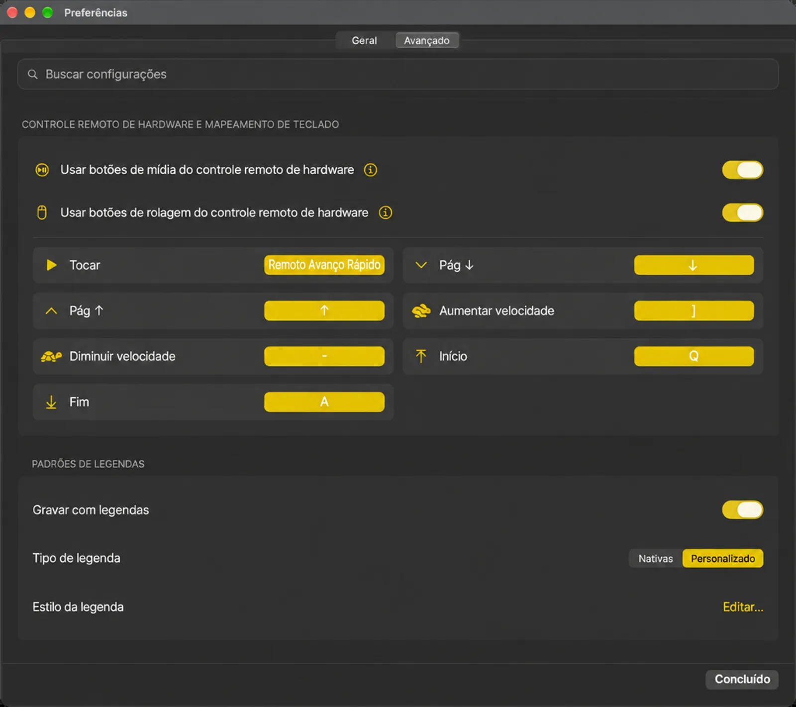O cartão Hardware Remote e Keyboard Mapping acima do cartão Padrões de Legenda