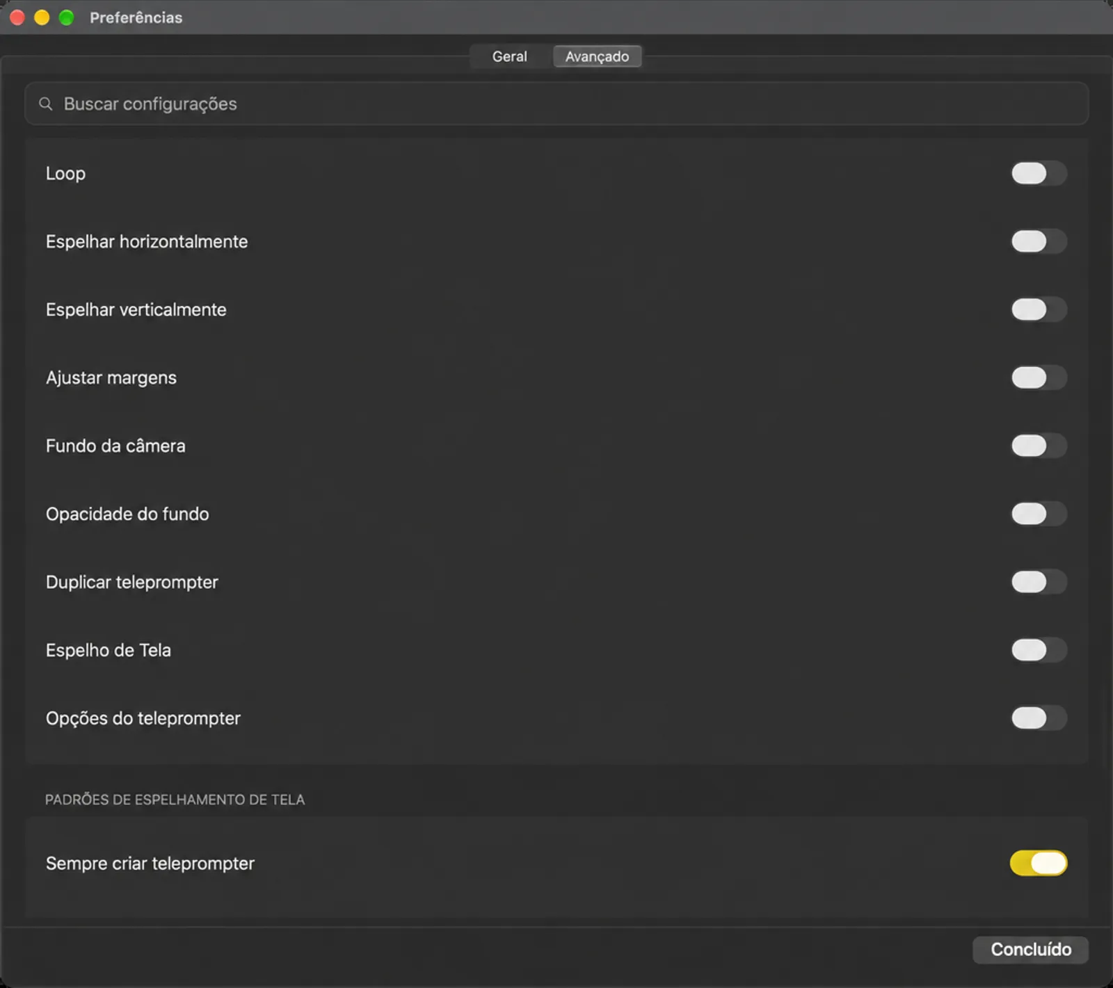 O cartão de configurações dos botões do dock listando as ações que podem ser promovidas para o dock