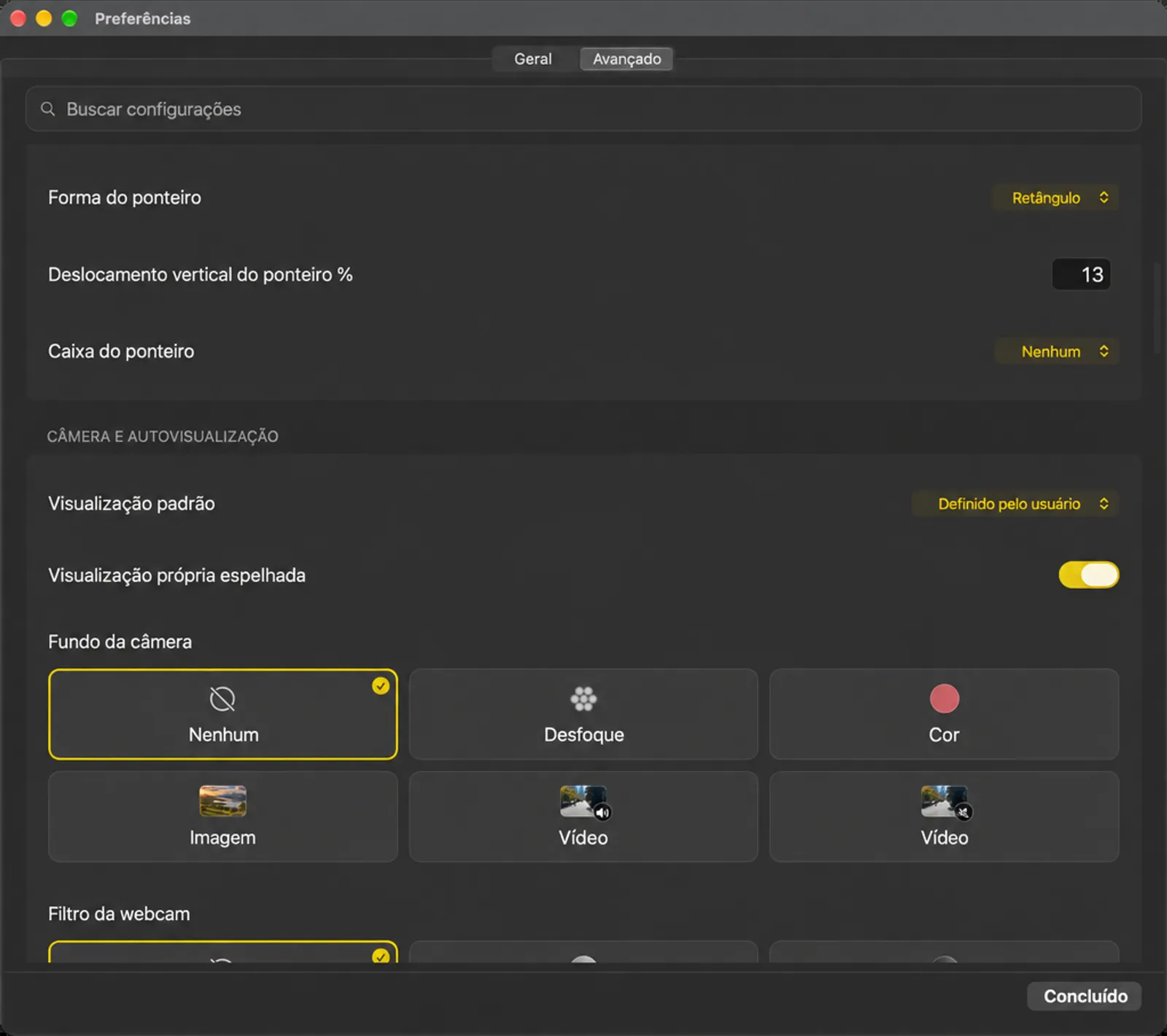 Os cartões de configurações Pointer e Camera e Self View, incluindo os blocos de fundo da câmera
