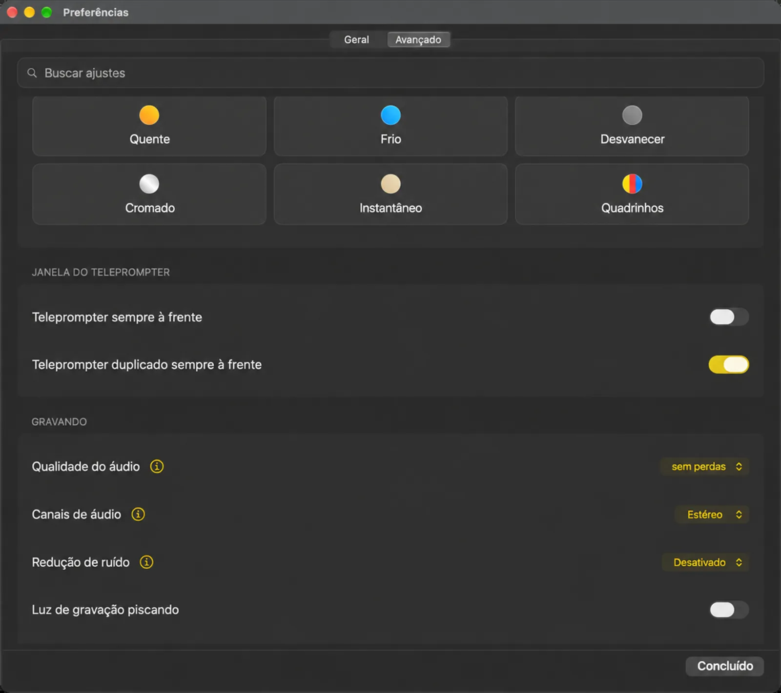 Os blocos de filtro da webcam, o cartão Teleprompt Window e o cartão de gravação