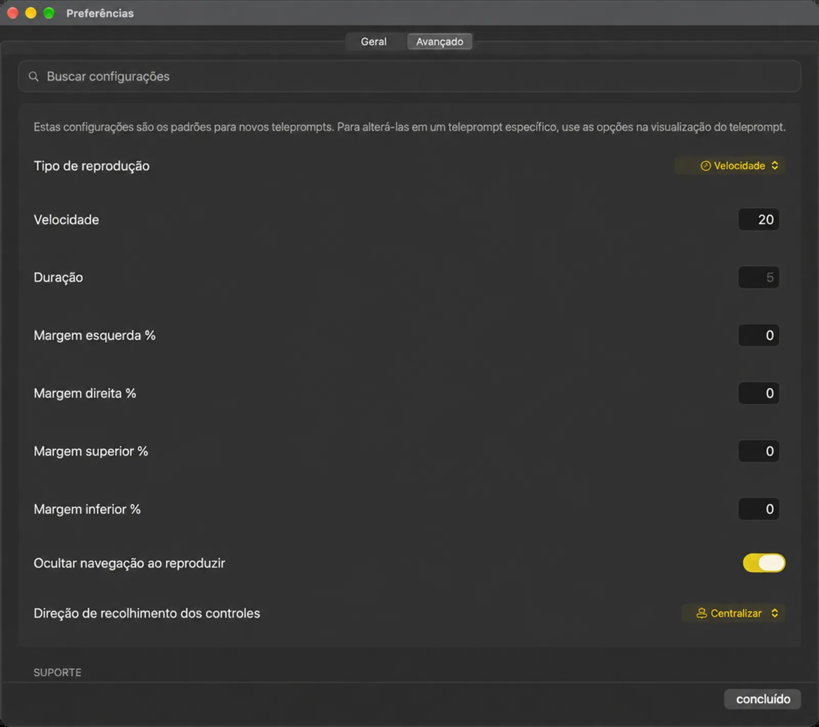 O cartão de configurações de configurações padrão do Teleprompt com tipo de reprodução, velocidade, duração e margens