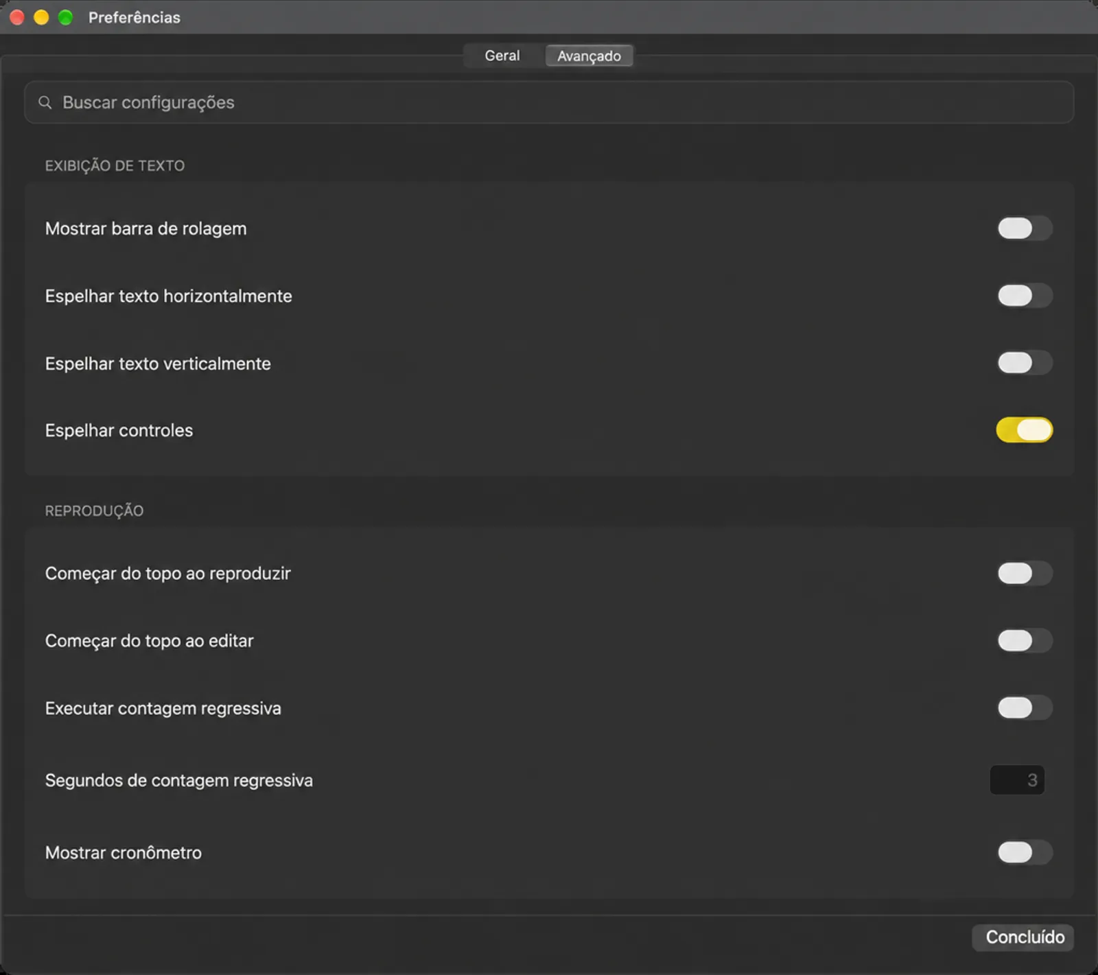 Os cartões de configurações de exibição e reprodução de texto