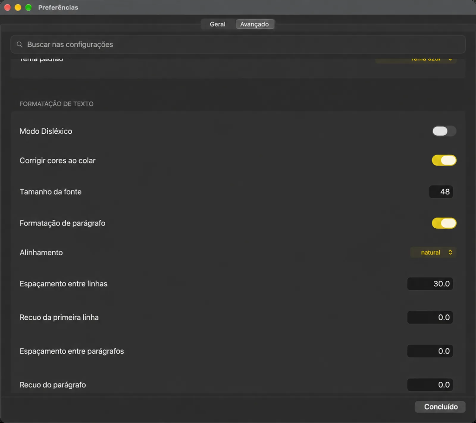 O cartão de configurações de formatação de texto com Modo Dislexico, tratamento de colagem, tamanho da fonte e controles de parágrafos