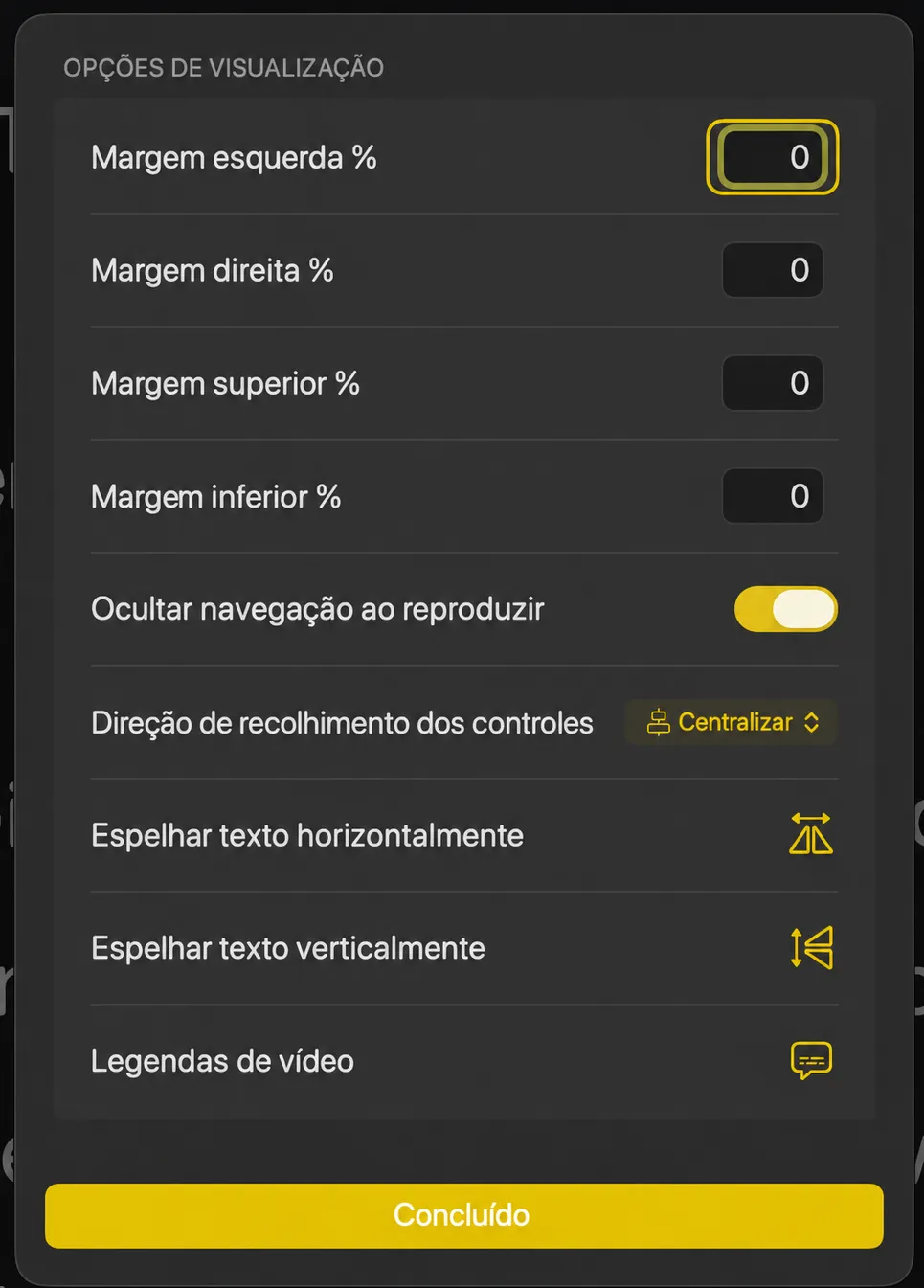 A planilha Opções de Visualização com os quatro campos de margem, ocultar navegação, direção de colapso e os controles de rotação