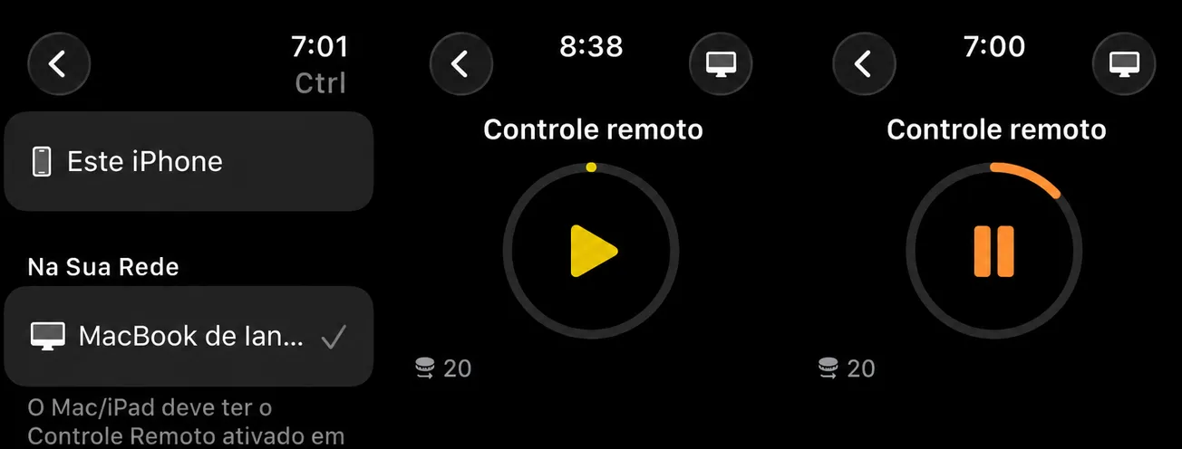 Três telas Apple Watch: escolhendo qual dispositivo controlar, um botão de reprodução com um anel de progresso e o estado de pausa