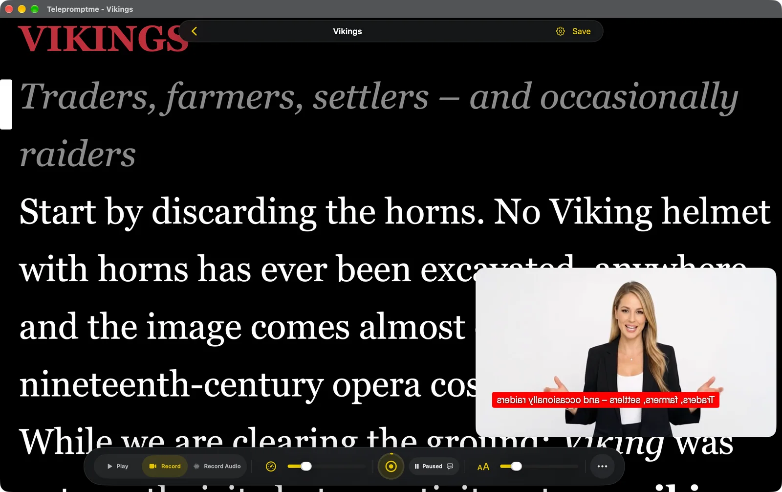 The teleprompter in Record mode, the script filling the screen with a self view inset in the corner and the dock switched to Record