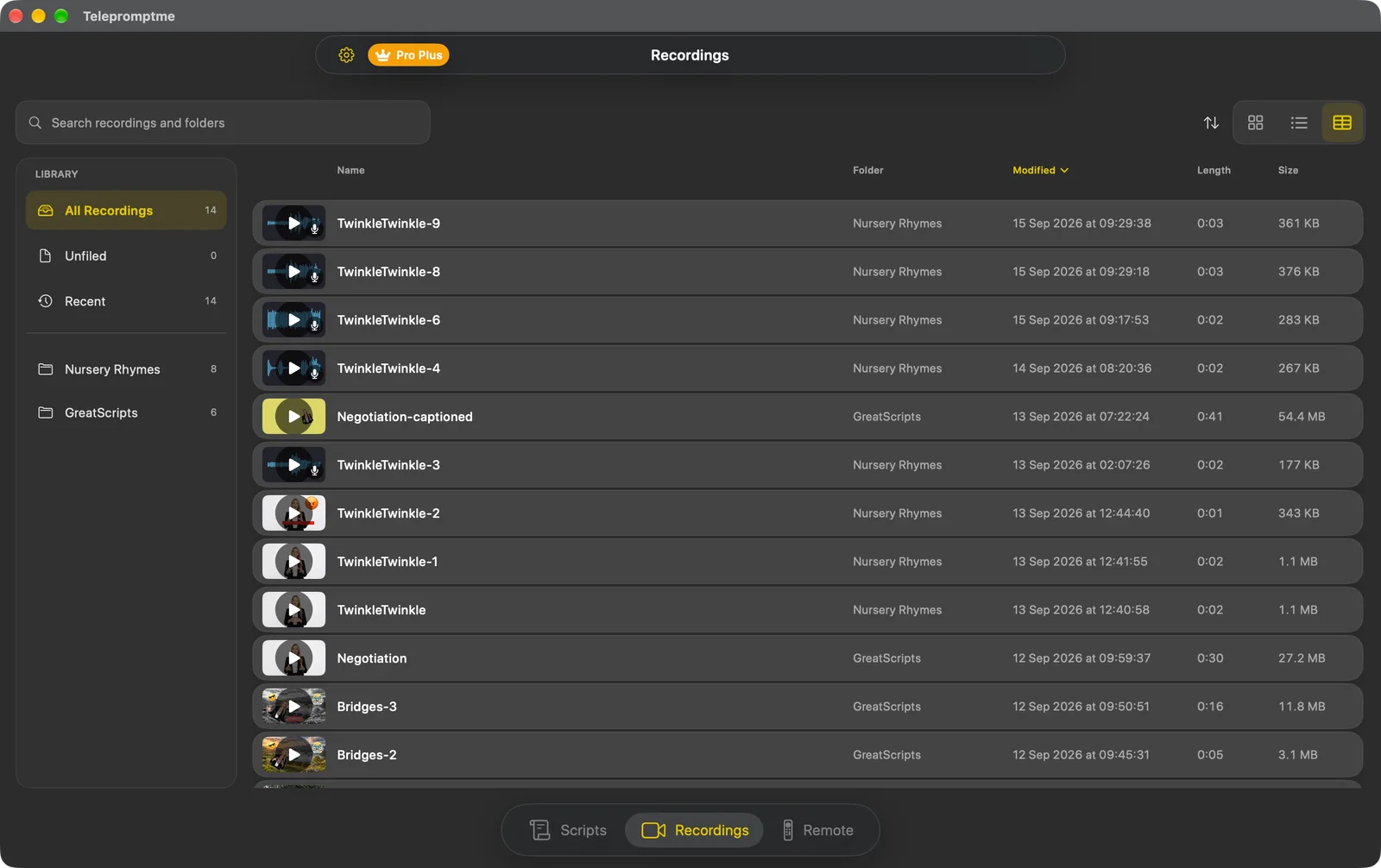 The Recordings tab in Table view, listing takes with their folder, date, length and size