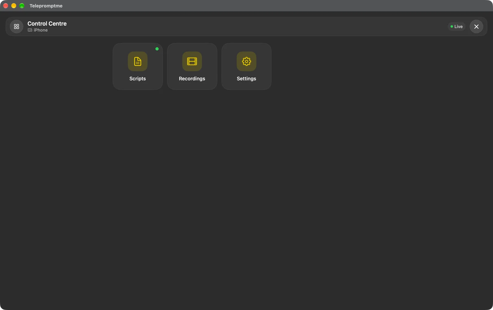 The remote Control Centre with tiles for Scripts, Recordings and Settings