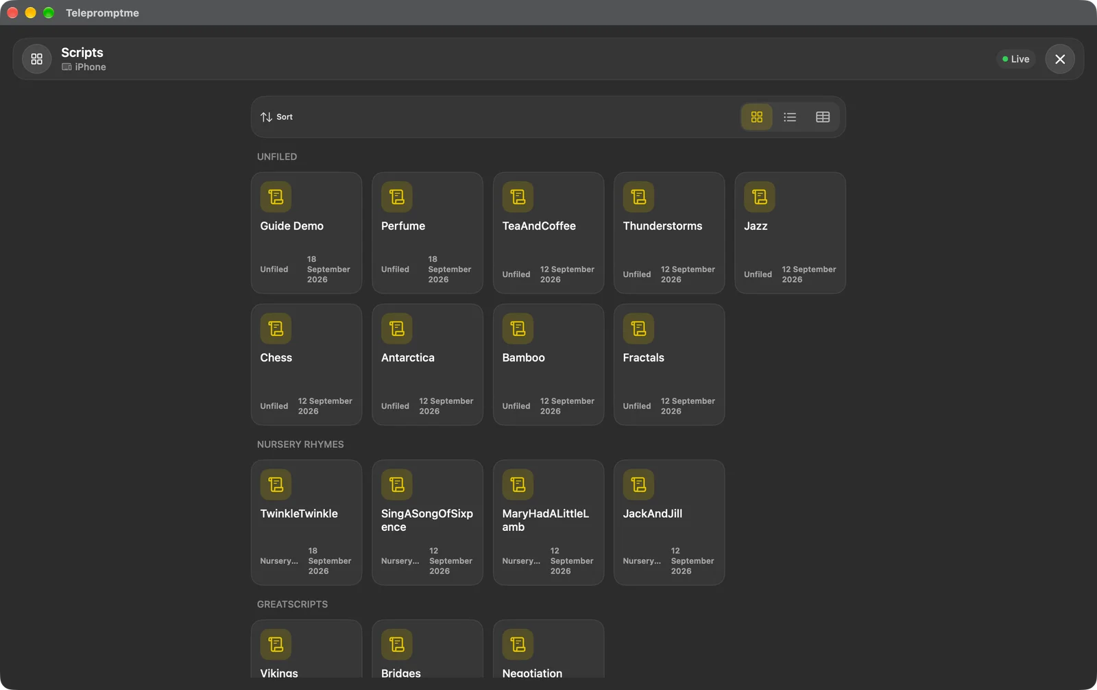The remote Scripts panel showing the other device's script library with a Live indicator