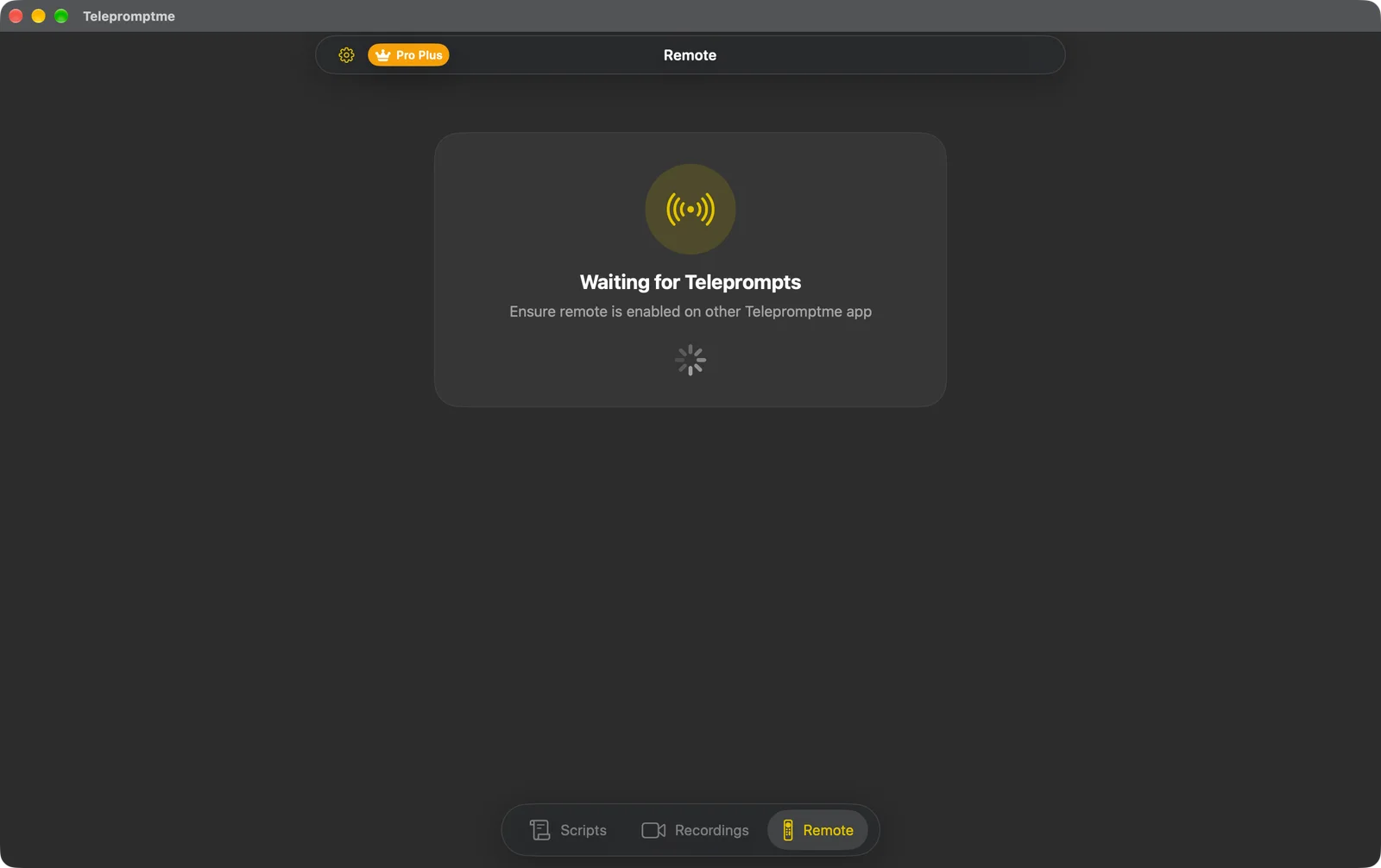 The Remote tab showing Waiting for Teleprompts while it searches the local network