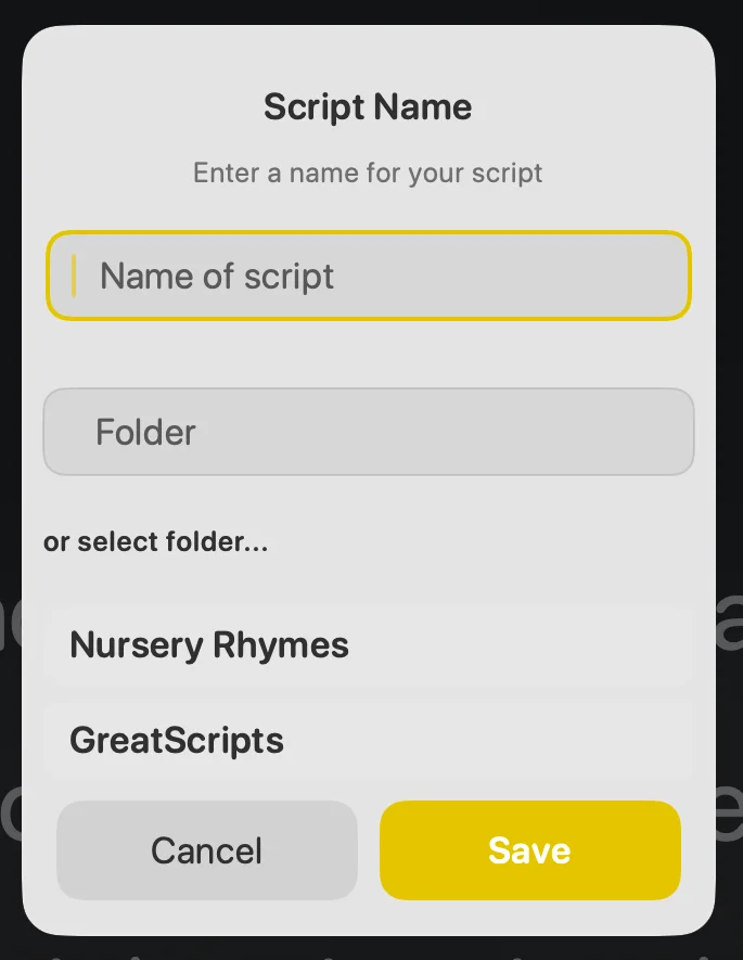 The Script Name dialog with fields for the script name and a folder, and a list of existing folders