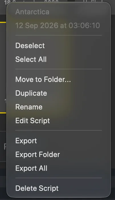 The right-click menu on a script tile showing Move to Folder, Duplicate, Rename, Edit Script, Export and Delete Script