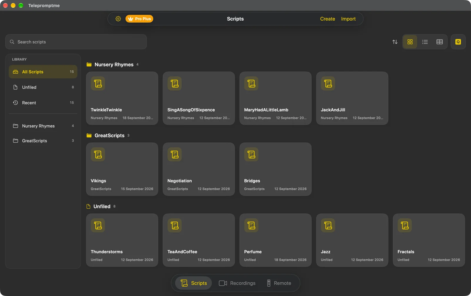 The Telepromptme scripts library showing scripts as tiles with a folder sidebar