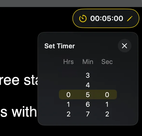 The Set Timer picker with columns for hours, minutes and seconds