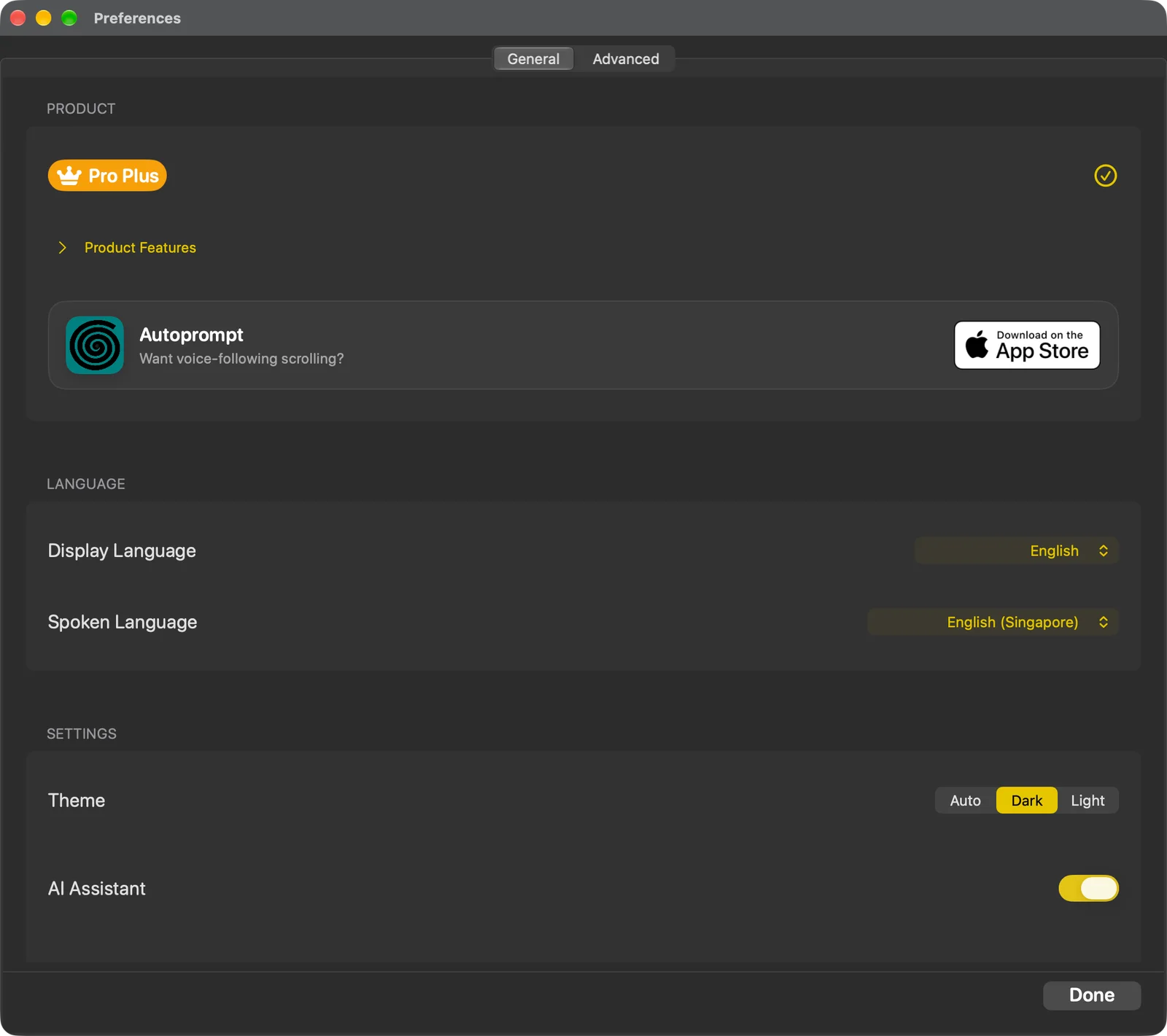The General settings tab showing the Product, Language and Settings sections