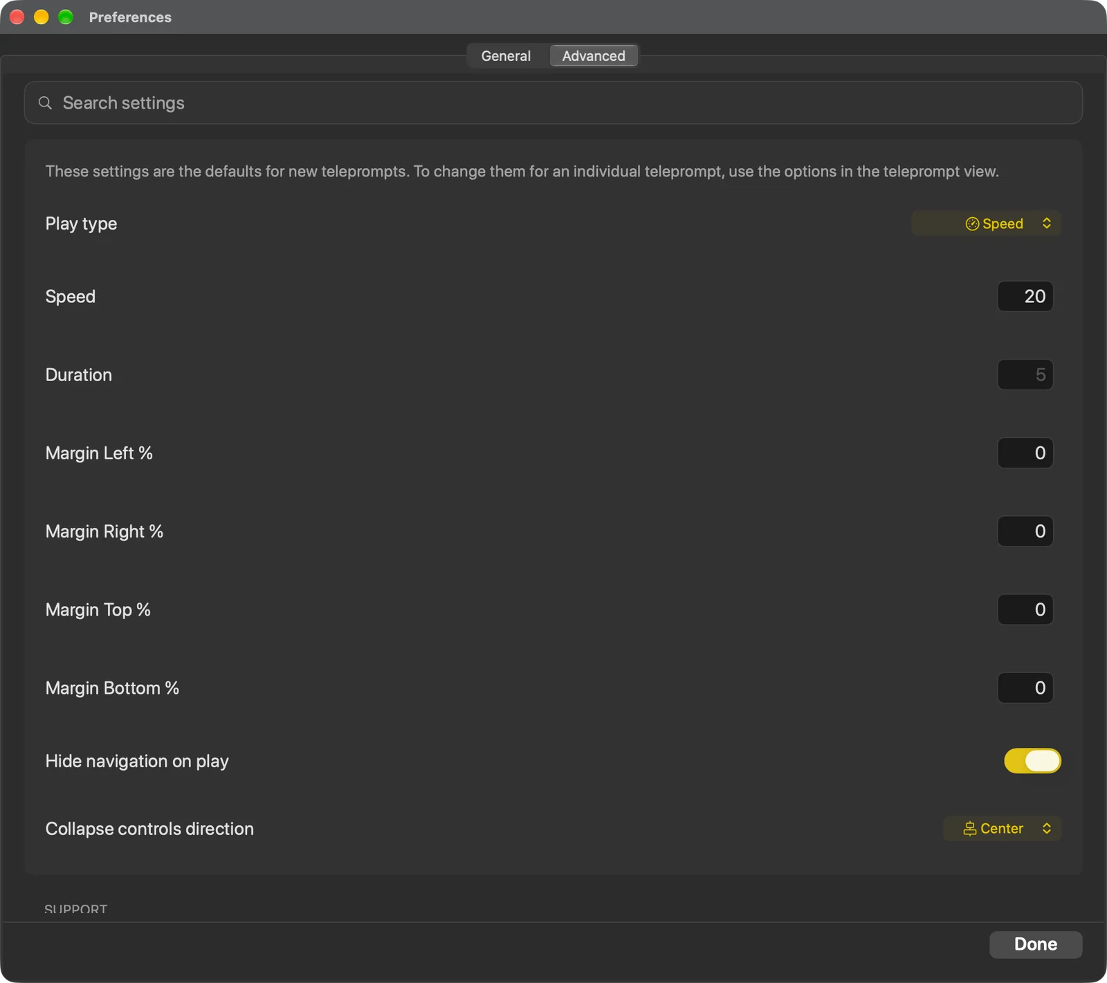 The Teleprompt Defaults settings card with play type, speed, duration and margins