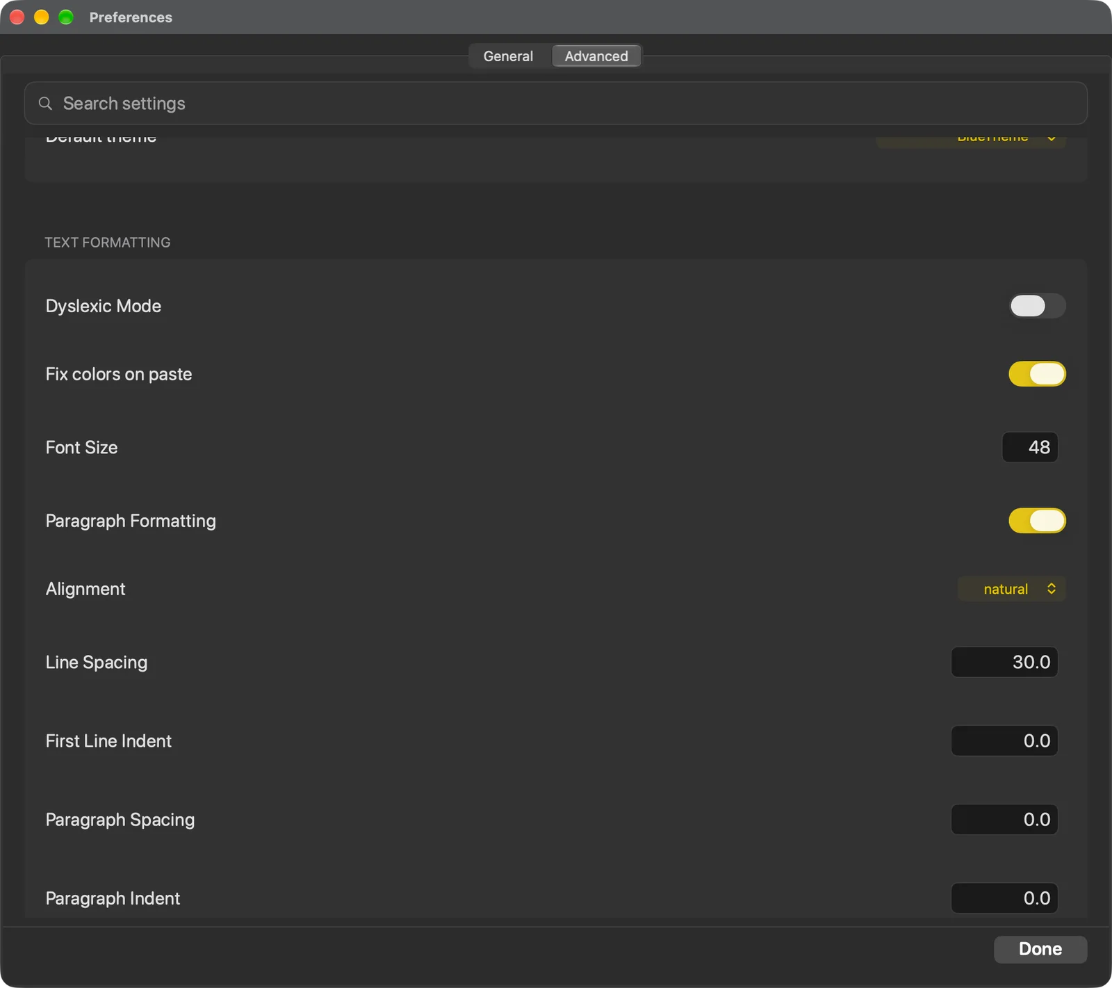 The Text Formatting settings card with Dyslexic Mode, paste handling, font size and paragraph controls
