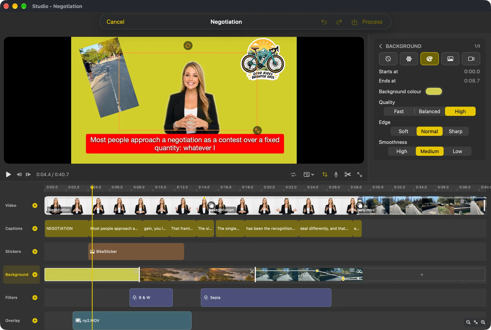 A background segment selected in Studio, with quality, edge and smoothness controls in the inspector