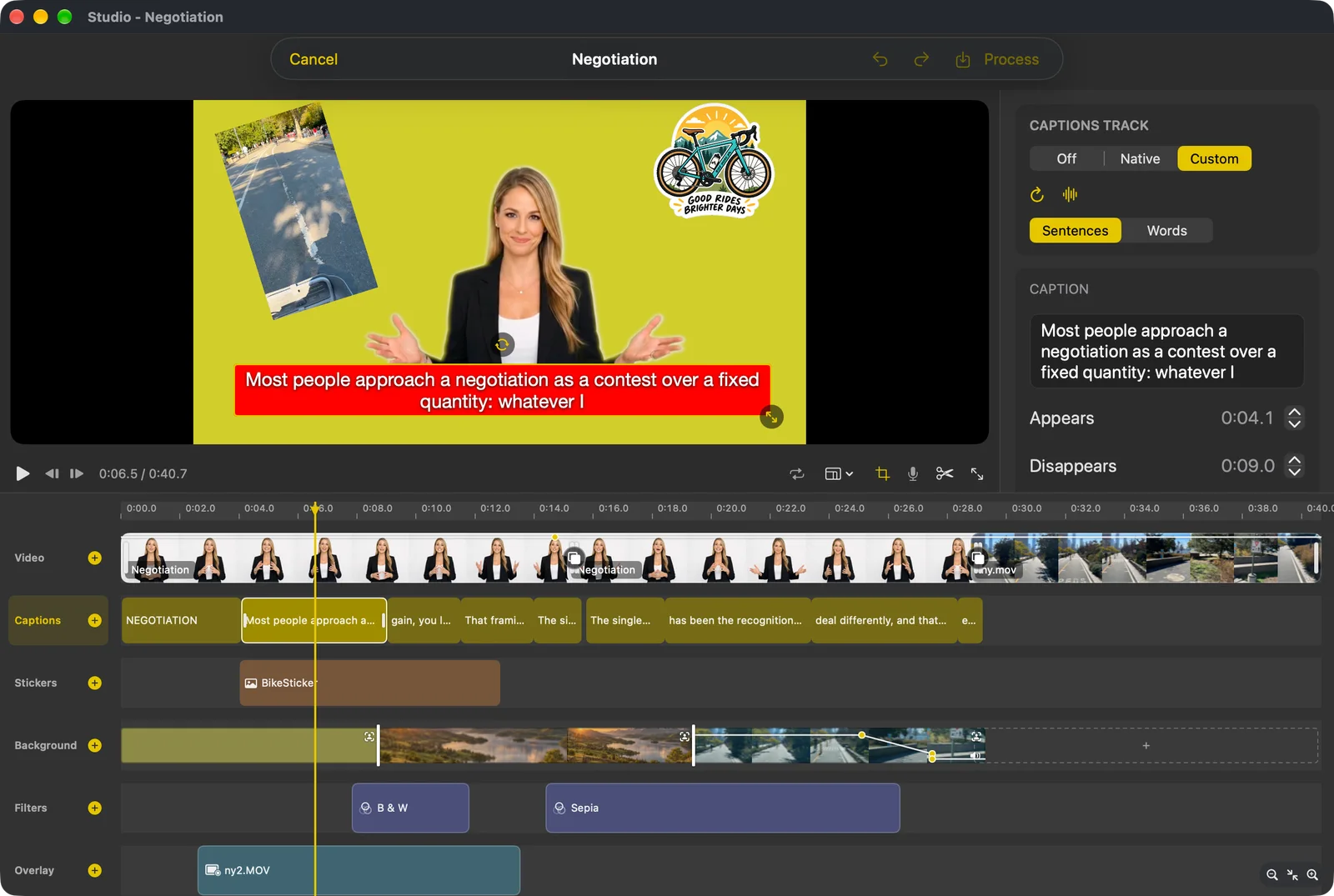 A caption selected in Studio, showing the captions track controls and the caption text with its appear and disappear times