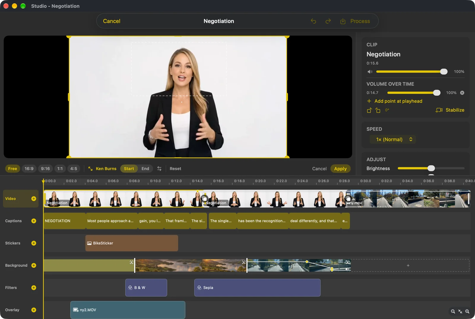 The Studio crop tool with Free, 16:9, 9:16, 1:1 and 4:5 presets, Ken Burns start and end, and crop handles on the preview