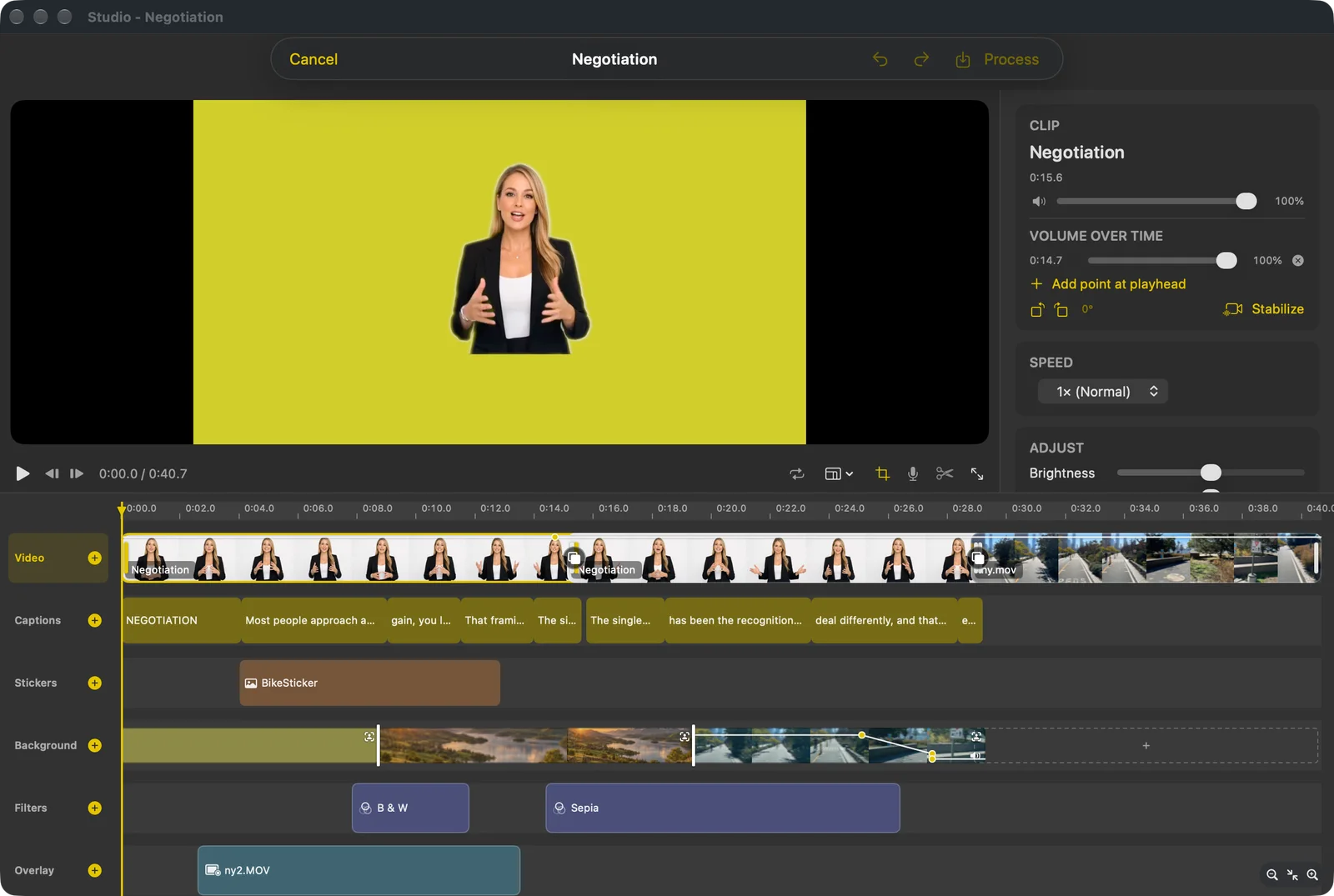 The Studio editor: a preview above a multi-track timeline with video, captions, stickers, background, filters and overlay tracks, and a clip inspector on the right