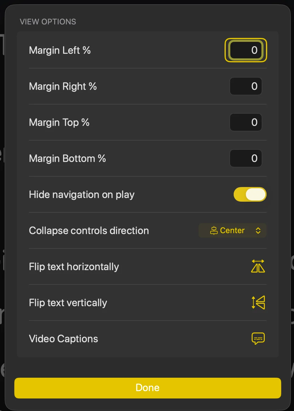 The View Options sheet with the four margin fields, hide navigation, collapse direction and the flip controls