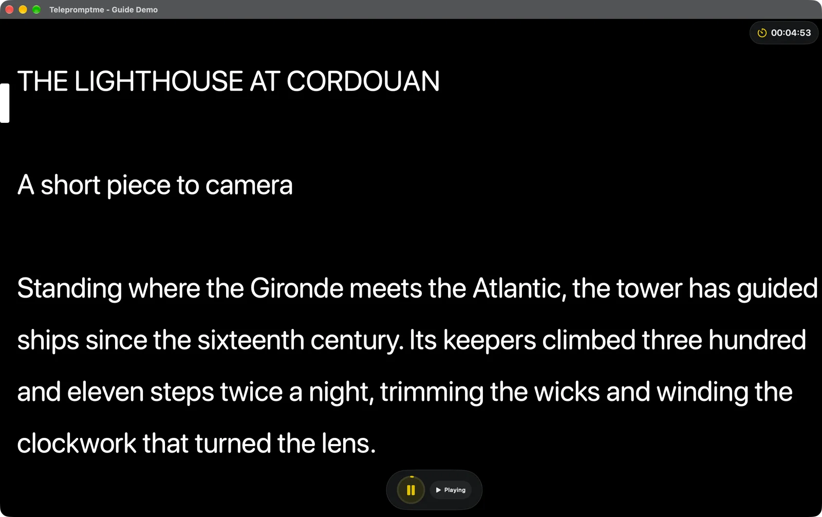 The teleprompter running in Timer mode, the clock counting down and the dock collapsed to a pause button and Playing status