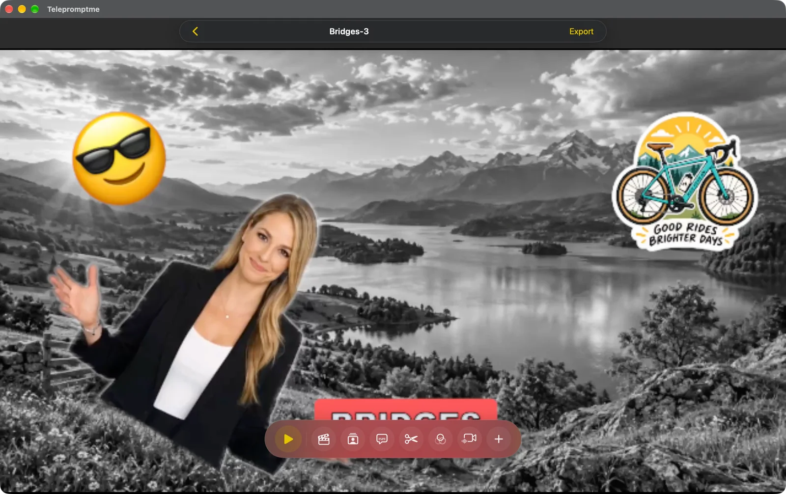 A recording open in the player with a replaced background, stickers and captions, and the editing tool dock below