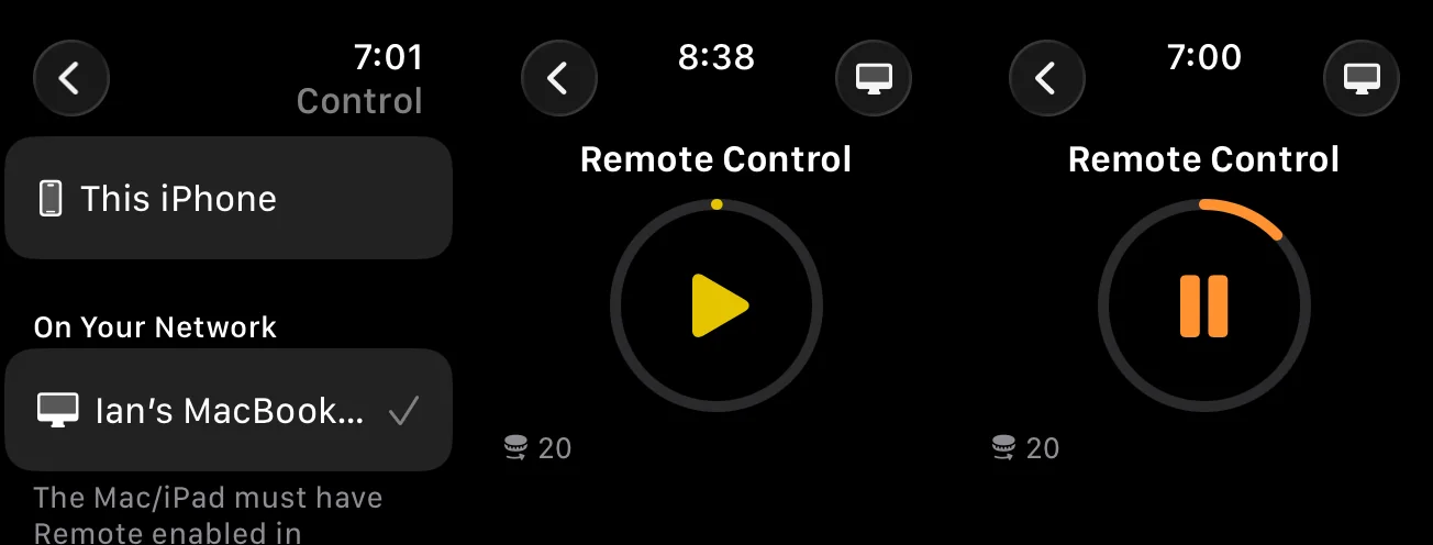 Three Apple Watch screens: choosing which device to control, a play button with a progress ring, and the paused state