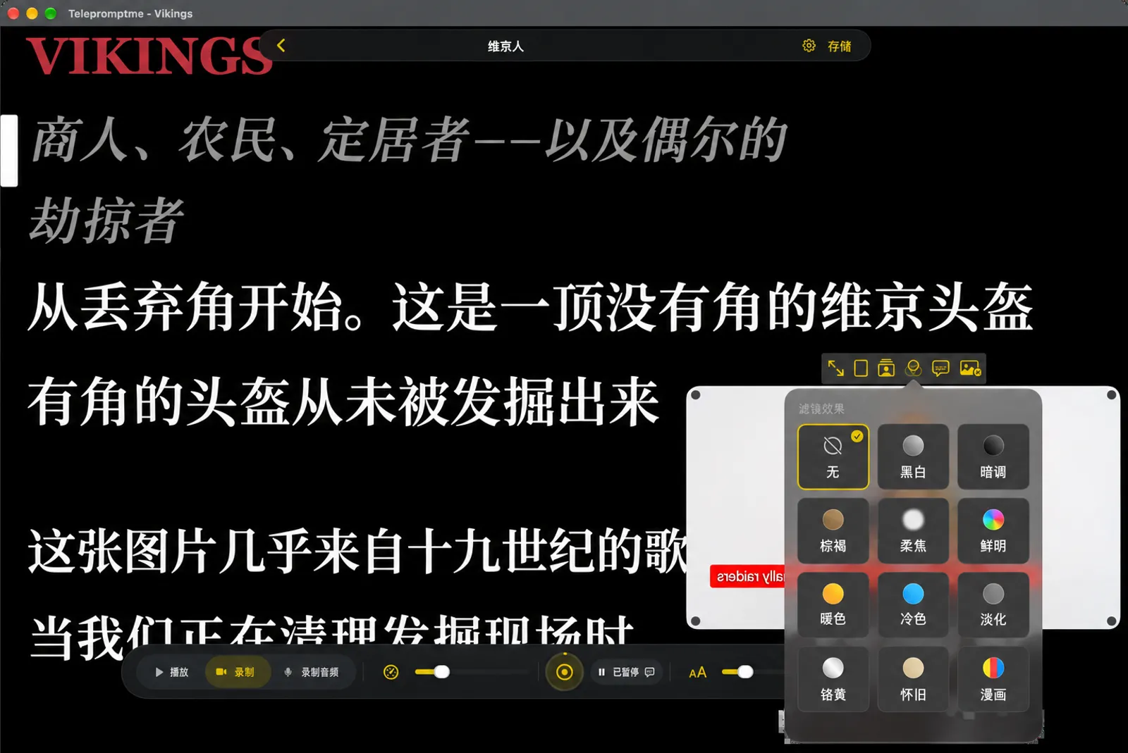 滤镜选择器，显示从“无”“黑白”到“漫画”的十二种风格