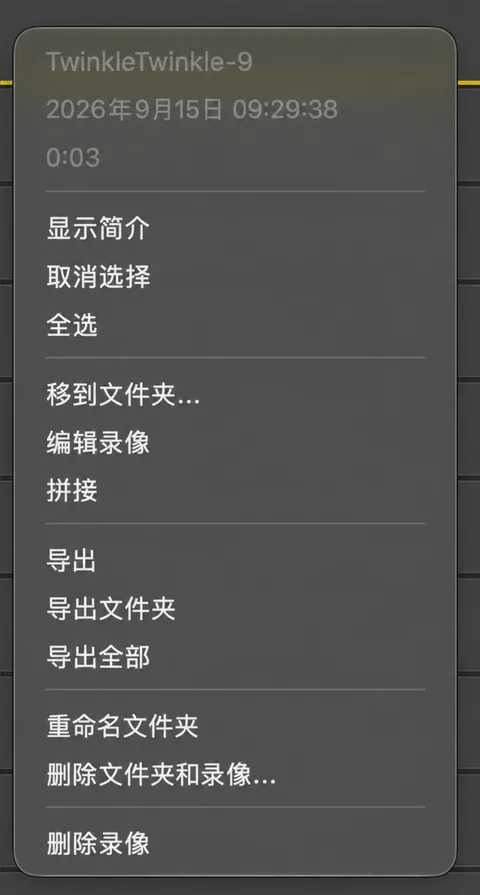 录像的右键菜单，列出“显示简介”“移到文件夹”“编辑录像”“拼接”“导出”和“删除录像”