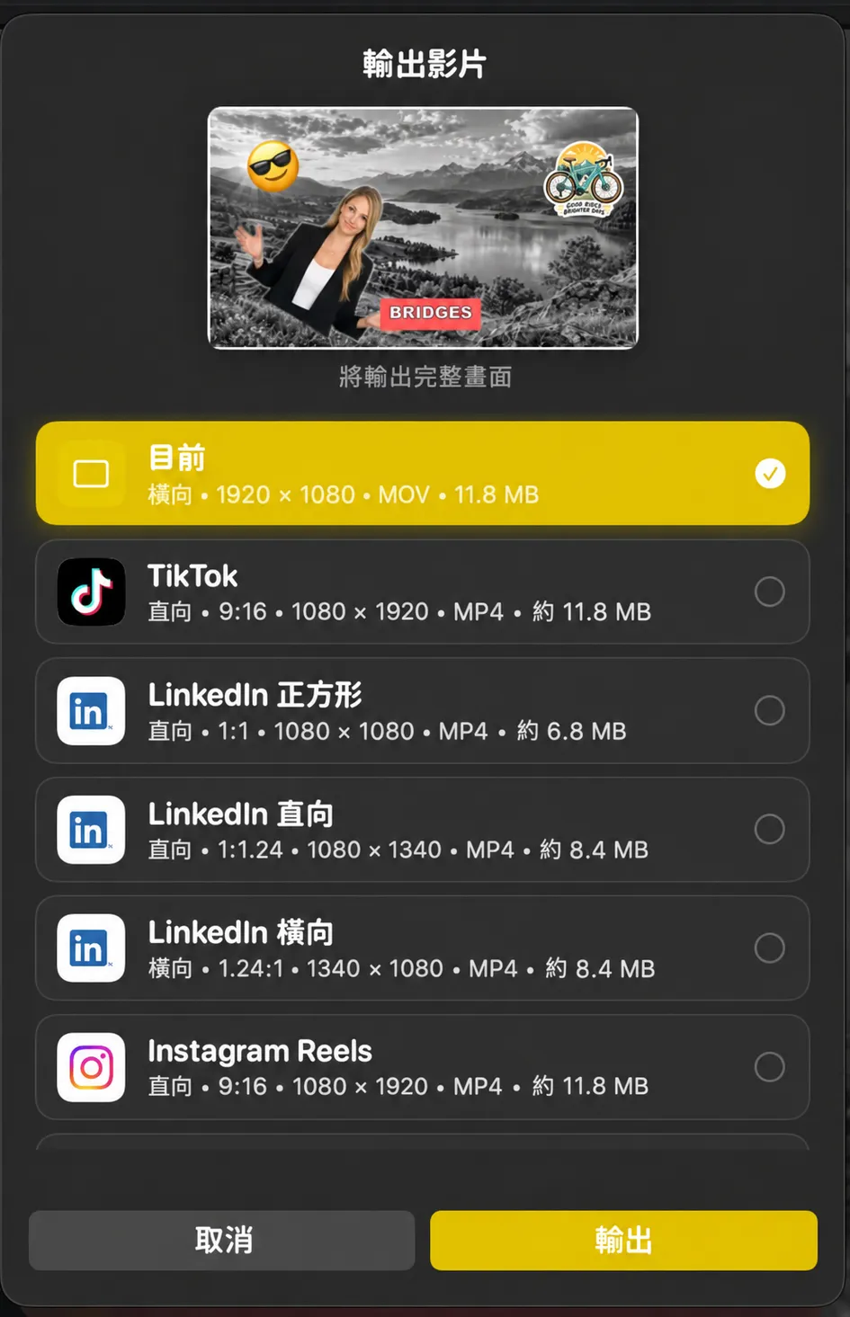 「匯出影片」面板，列出「目前」以及 TikTok、LinkedIn 和 Instagram Reels 預設，並顯示各自的畫面比例和檔案大小